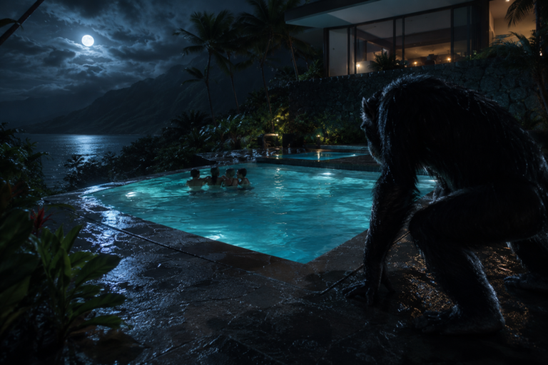 Cinematic horror scene of a chimpanzee near a swimming pool at night.
