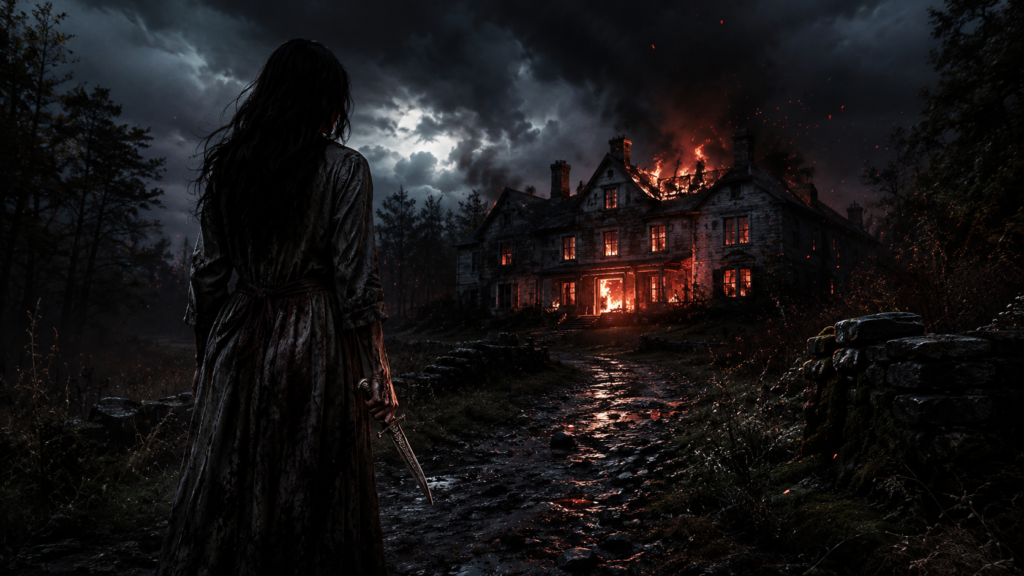 Woman looking at creepy house